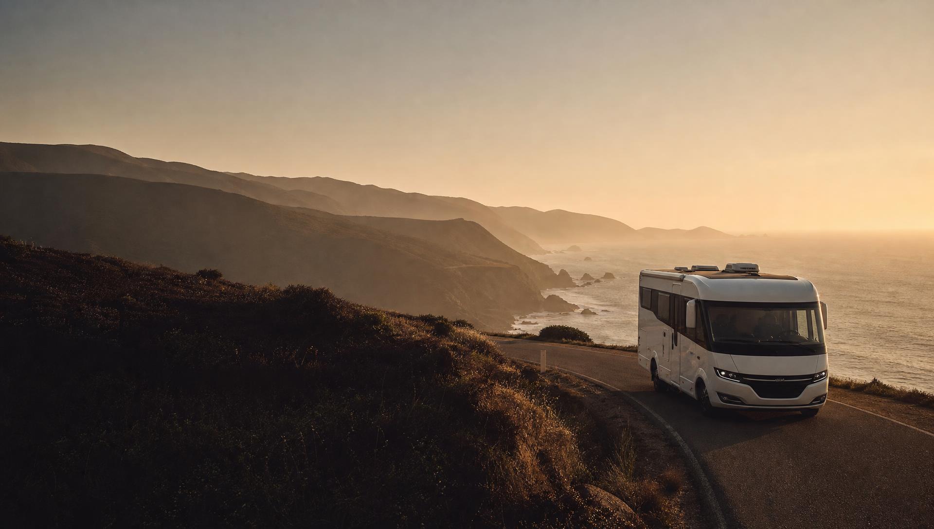 A motorhome on a coastal road at golden hour
