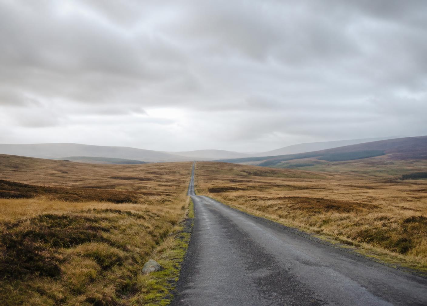 An open moorland road at first light